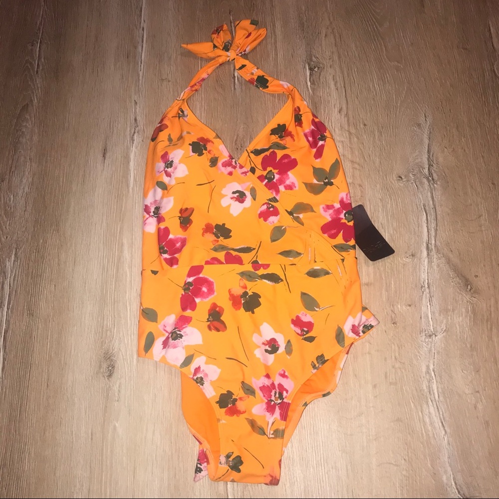 Rachel Rachel Roy Sash Wrap Floral One Piece Swim Orange Vacation Cruise Boho